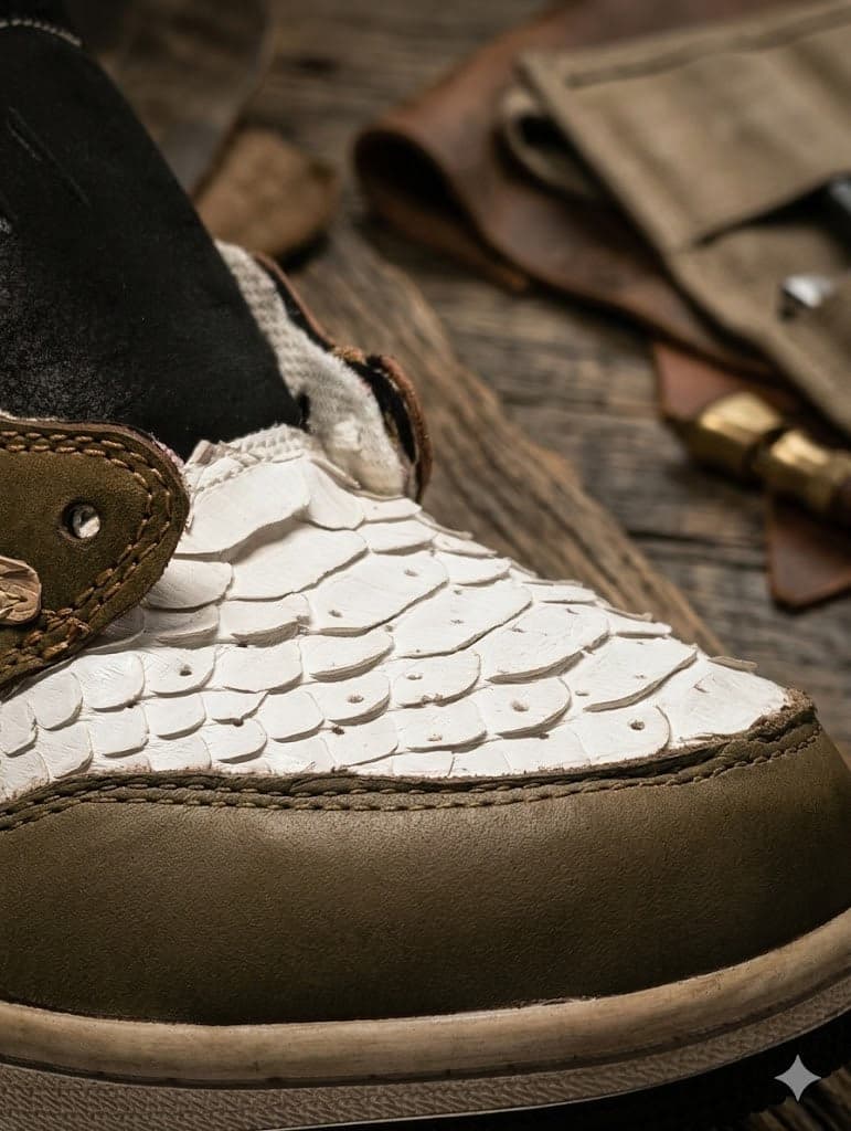 Close-up of full-grain python leather on a bespoke shoe